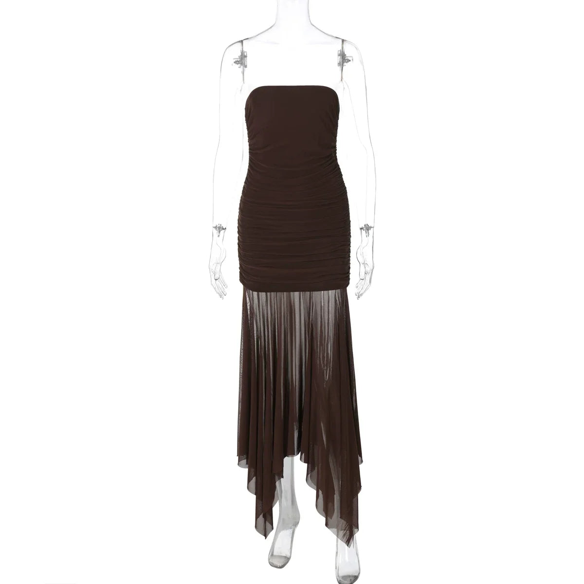 Xmsli | Solid Color Sexy Double-Layer Mesh Stitching Slim Fit Mini Dress - Women’s Single-Line Collar Design