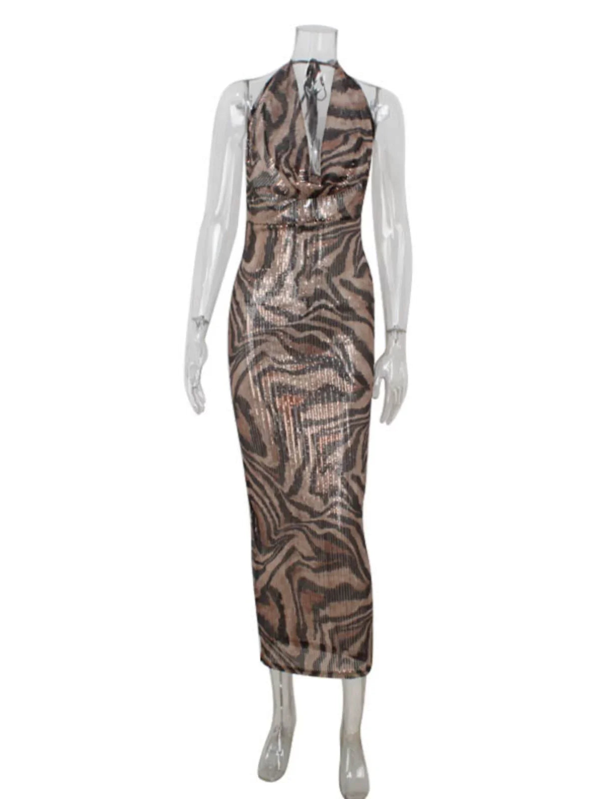Xmsli | Deep V Neck Sequin Halter maxi Dress for Women, Slim Fit Hip-Hugging Evening Gown