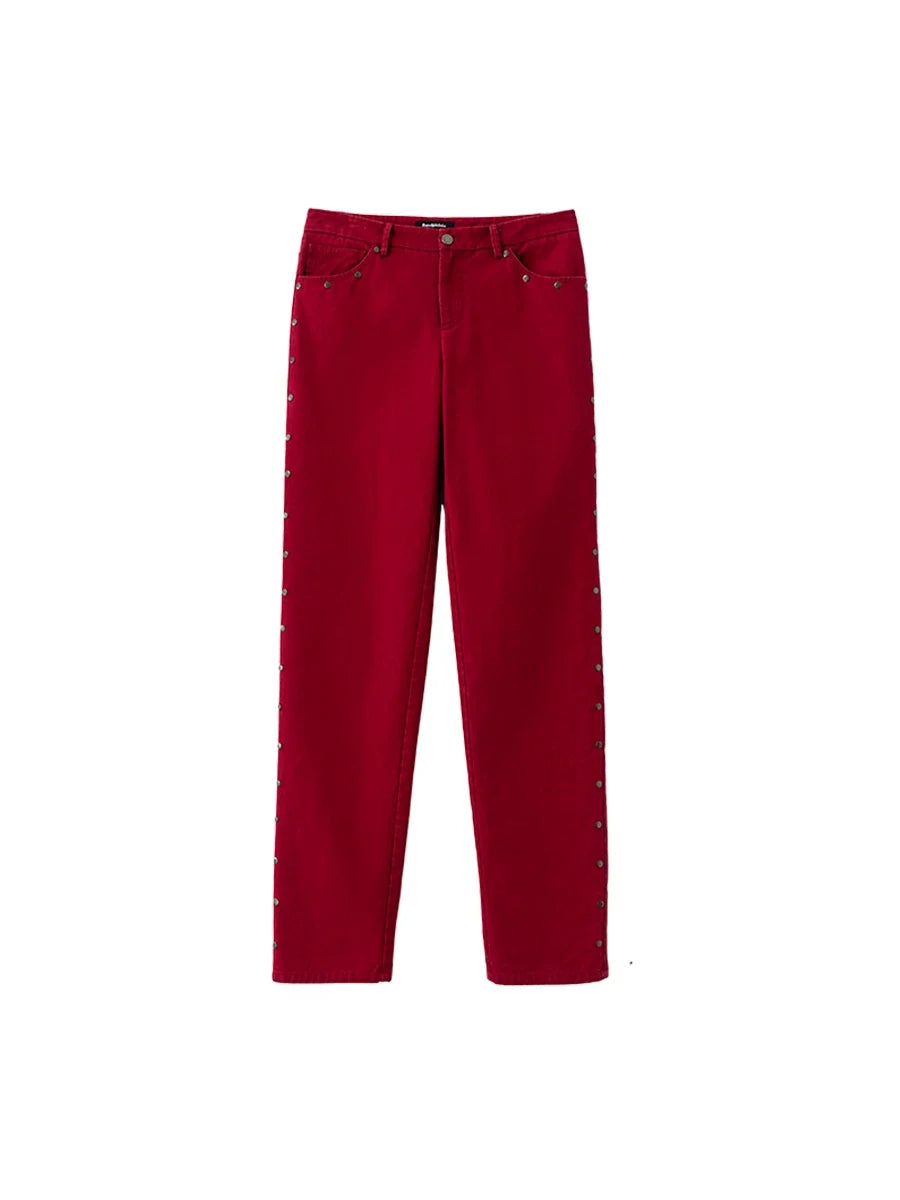 Xmsli | Sand Washed Faded Rivet Low-Rise Straight Trousers for Women, Vintage Style Casual Denim Pants