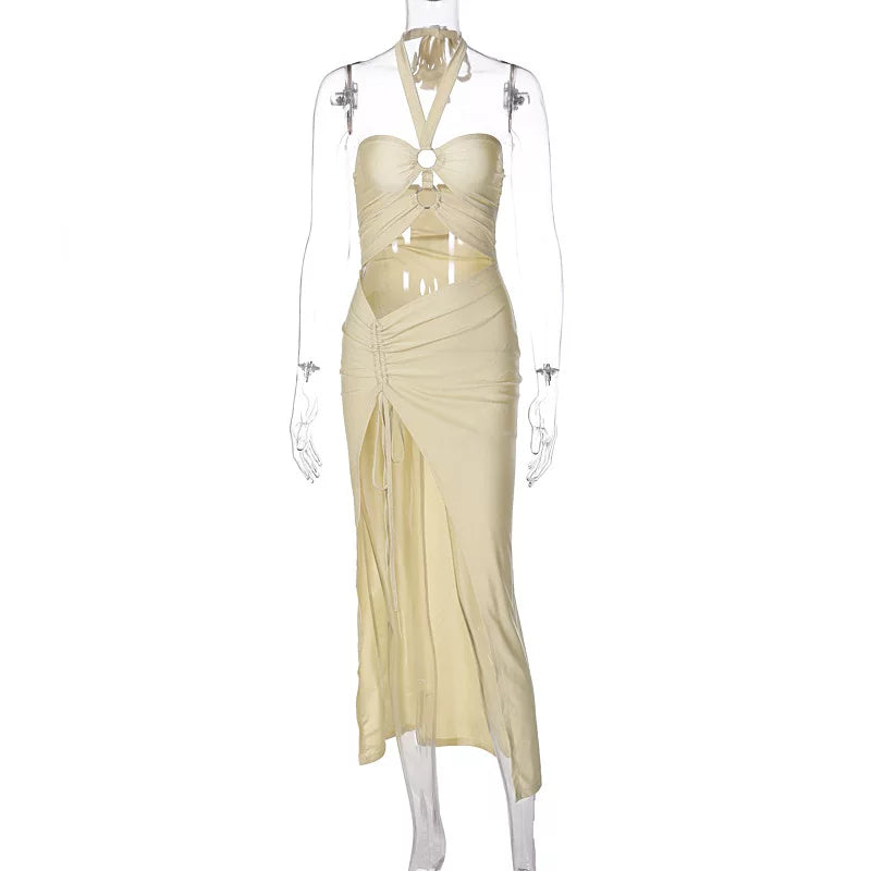 Xmsli | Sexy Halter Neck Tie Ring midi Dress for Women, Wrapped Chest Hollow Slit Bodycon Gown