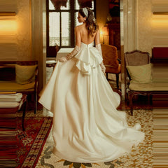 Xmsli | French Satin Bandeau Wedding Dress, Slim Fit with Front Short and Back Long Design, Fairy Forest Style Bridal Gown