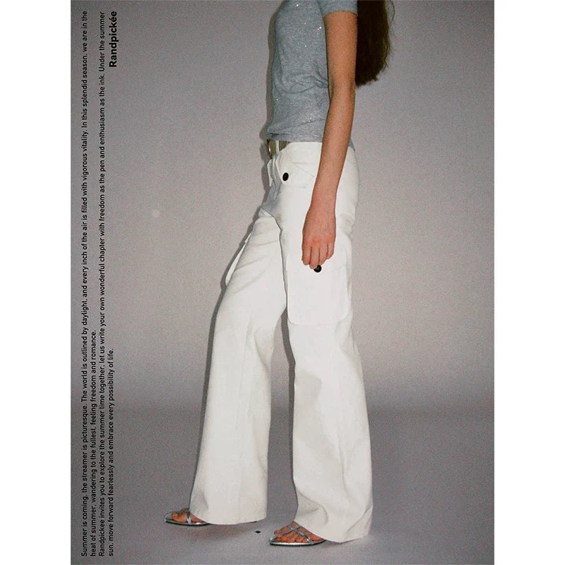 Xmsli | Low-Rise Straight Overalls with Three-Dimensional Pockets for Women, Retro Style Casual Jumpsuit