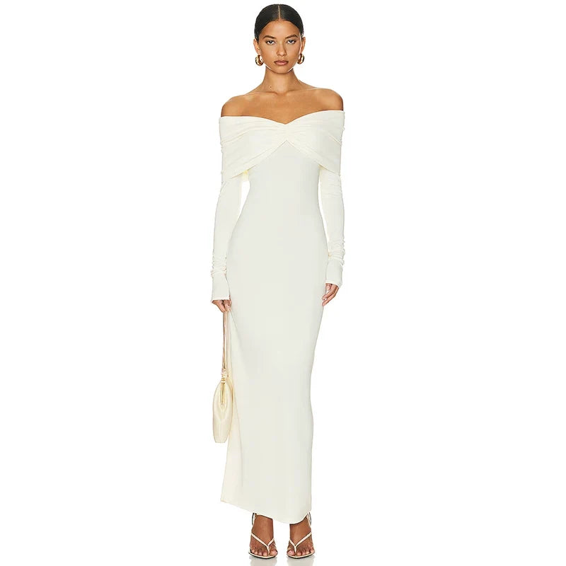 Xmsli | Elegant One-Shoulder Pleated Midi Dress for Women, Slim Fit Formal Evening Wear