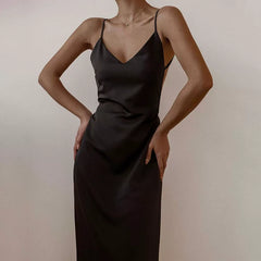 Xmsli | High-Waist Backless Suspender Midi Dress for Women, Slim Fit Elegant Party Wear