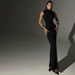 Xmsli | Sleeveless High-Neck Mermaid Maxi Dress for Women, Slim Waist Elegant Evening Wear