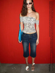 Xmsli | Vintage Washed Blue Bootcut Cropped Jeans for Women, Retro Style Casual Denim Pants