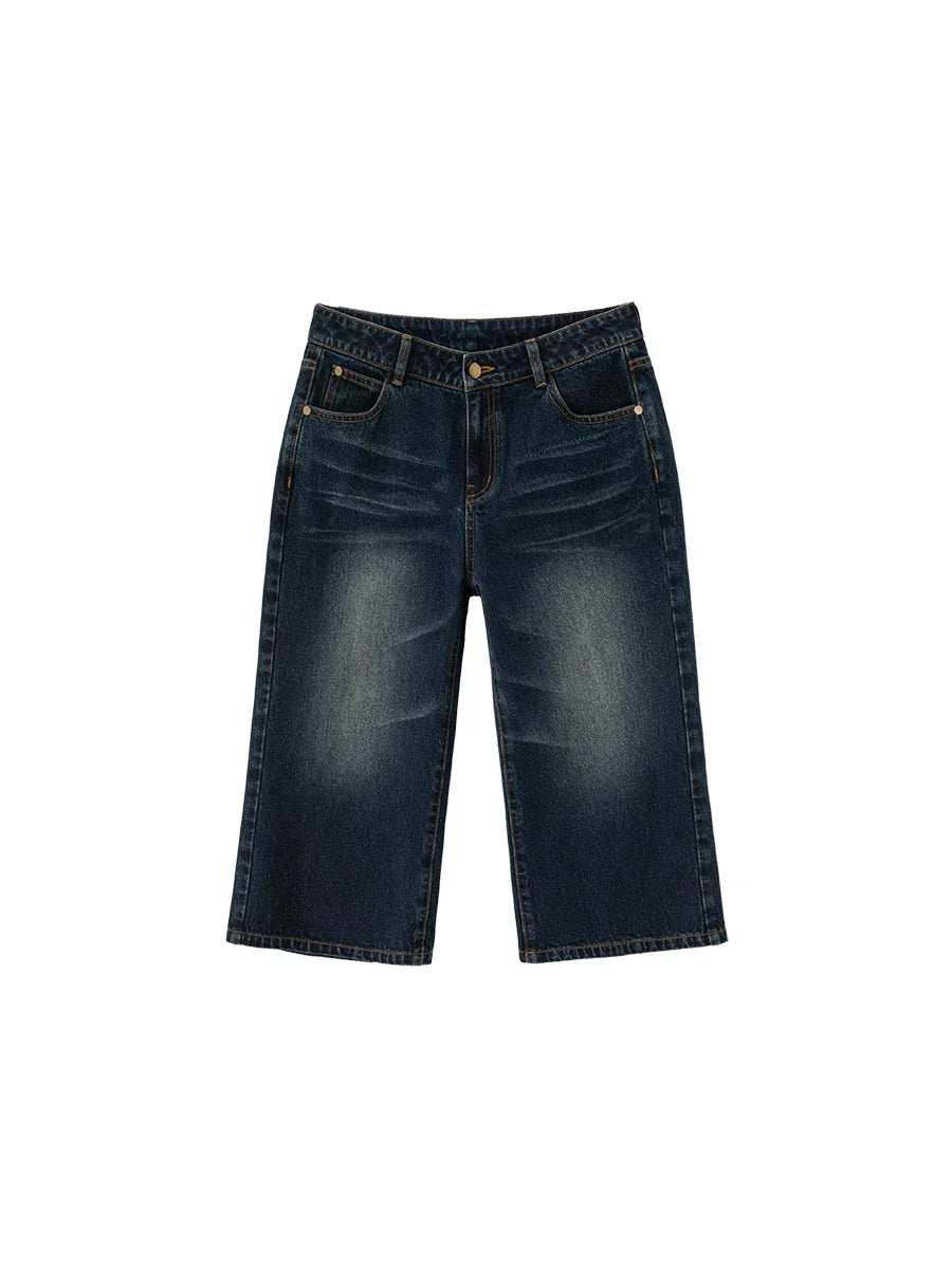 Xmsli | Vintage Washed Blue Bootcut Cropped Jeans for Women, Retro Style Casual Denim Pants