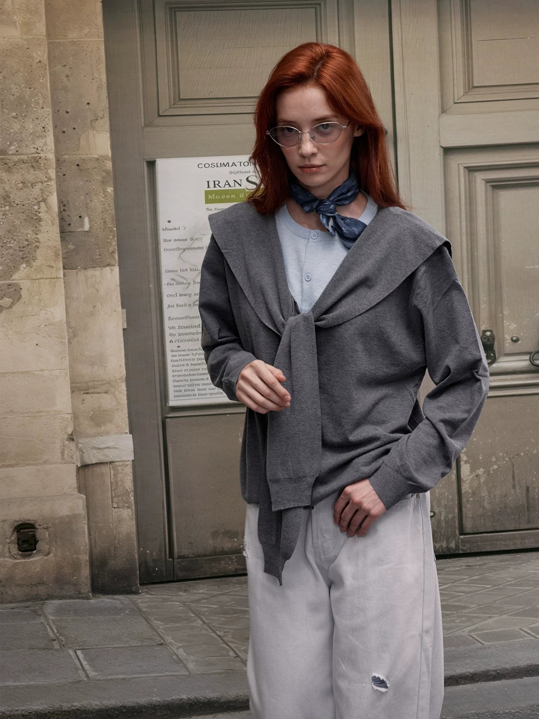 Xmsli | Navy Collar Fake Two-Piece Contrasting Wool Sweater for Women - Loose Casual Autumn & Winter Trend