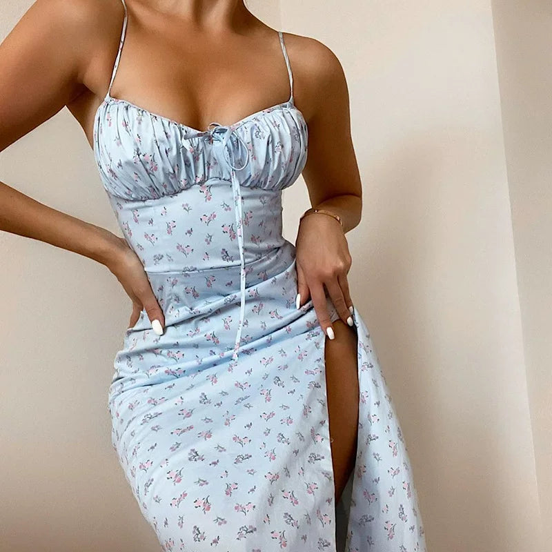 Xmsli | French Retro Gentle Yellow Floral Suspender Dress with Slit - Slim Fit, Midi-Length Skirt for Women
