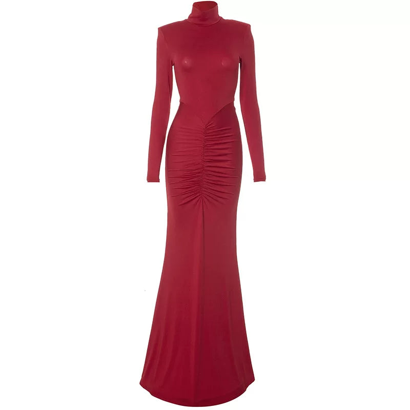 Xmsli | Pleated Shoulder-Pad Midi Dress for Women, Slim Fit Elegant Hip-Hugging Party Wear