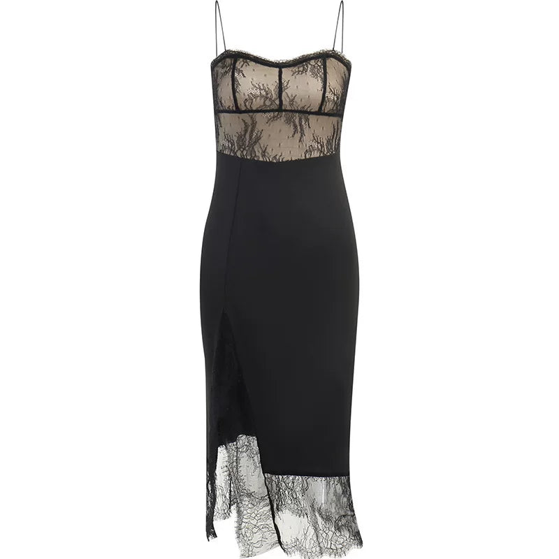 Xmsli | Lace Stitching Suspender Slit Dress for Women, Slim Fit Trendy Party Wear