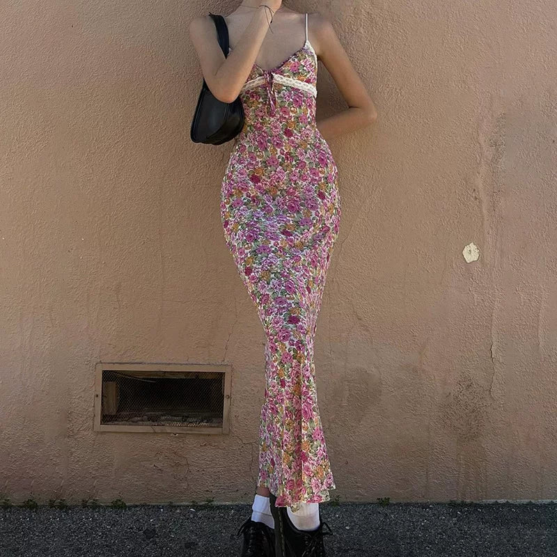 Xmsli | Floral V-Neck Lace Suspender Maxi Dress for Women, Slim Fit Elegant Summer Wear