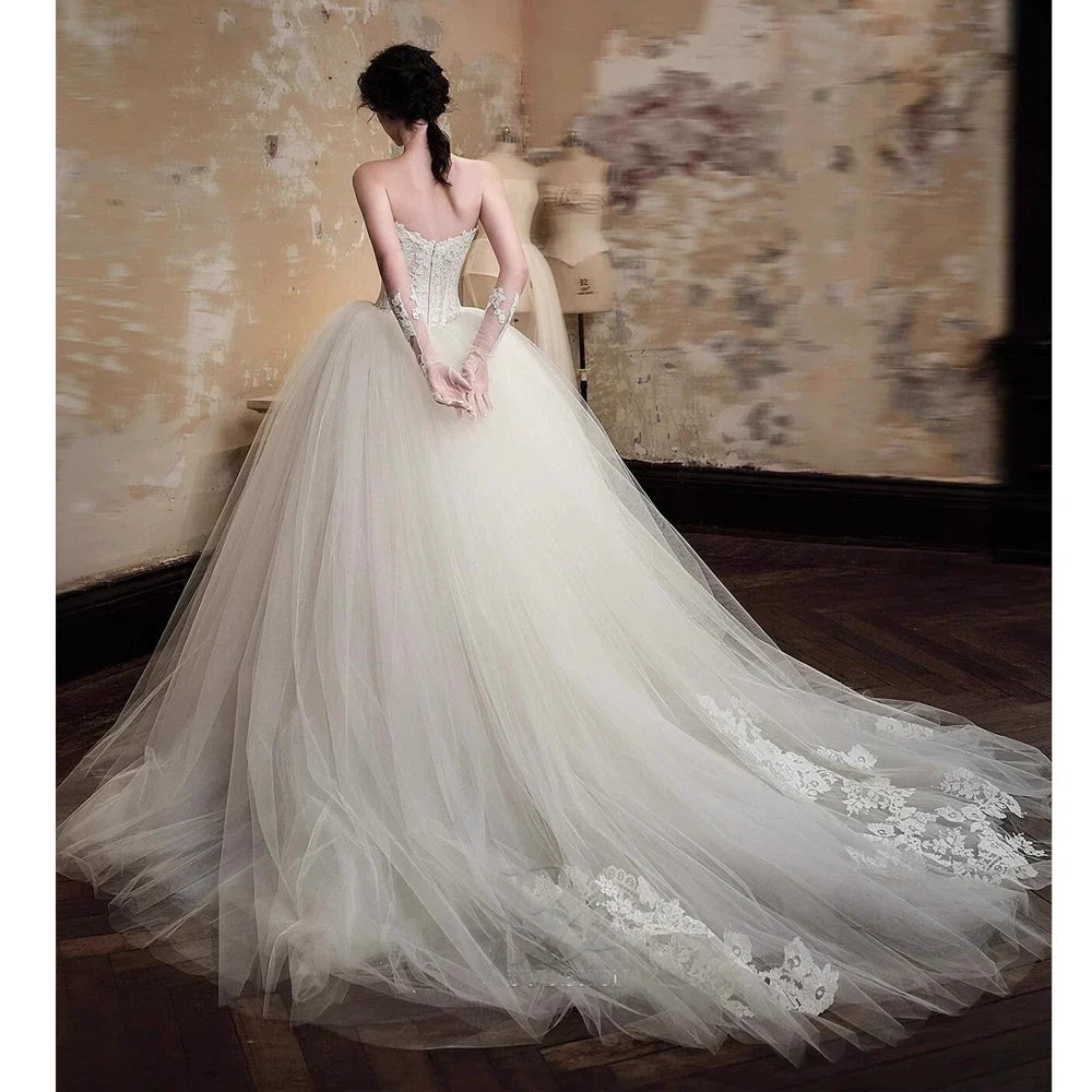 Xmsli | French Lace Princess Tube Top Wedding Dress with Slimming Tutu Skirt, Dreamy Forest Style Bridal Gown