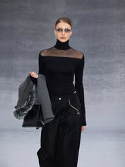 Xmsli | High Collar Mesh Knitted Jumpsuit for Women - Sleek and Comfortable Fit