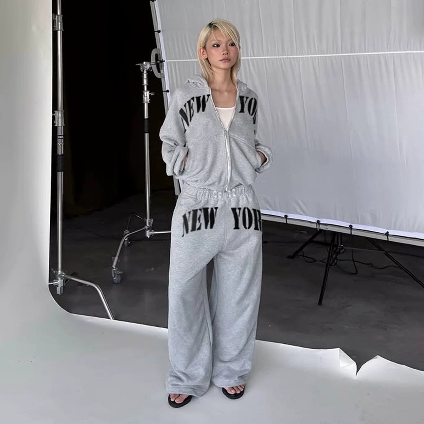 Xmsli | Letter Printed Hooded Sweatshirt & Loose Sweatpants Set for Women, Casual Hip-Hop Sports Suit