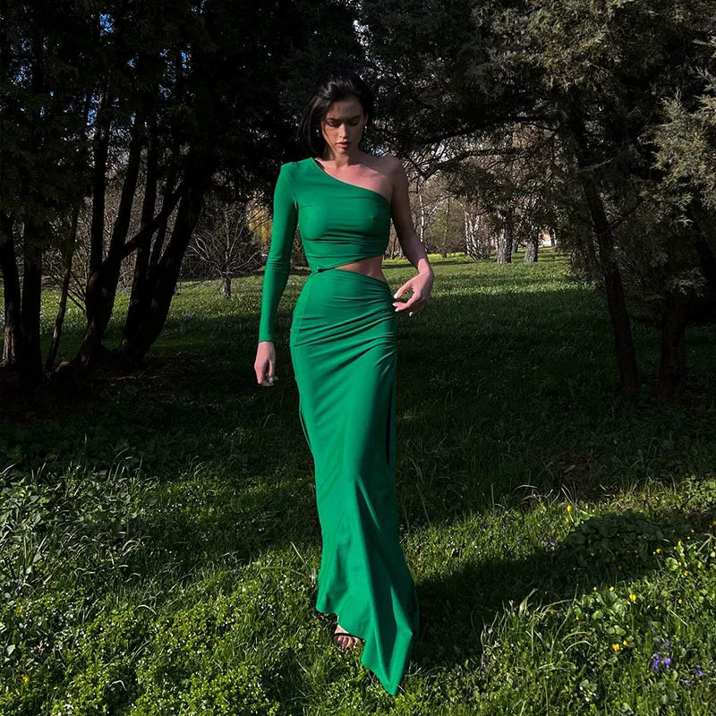 Xmsli | One-Shoulder Long Sleeve Maxi Dress for Women, Pleated High Slit Evening Wear