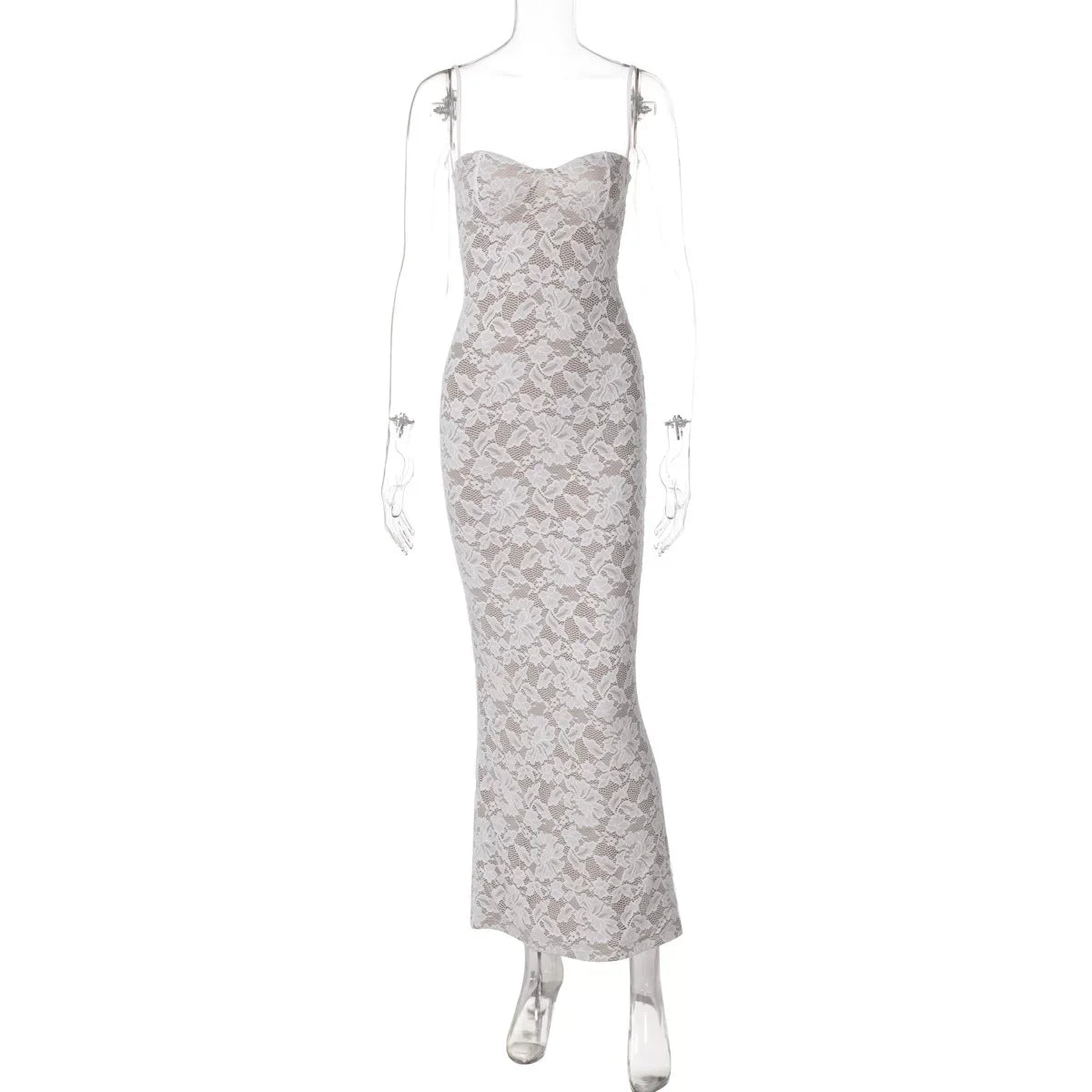 Xmsli | Low-Cut Backless Lace Suspender Maxi Dress for Women, Slim Fit Elegant Party Wear