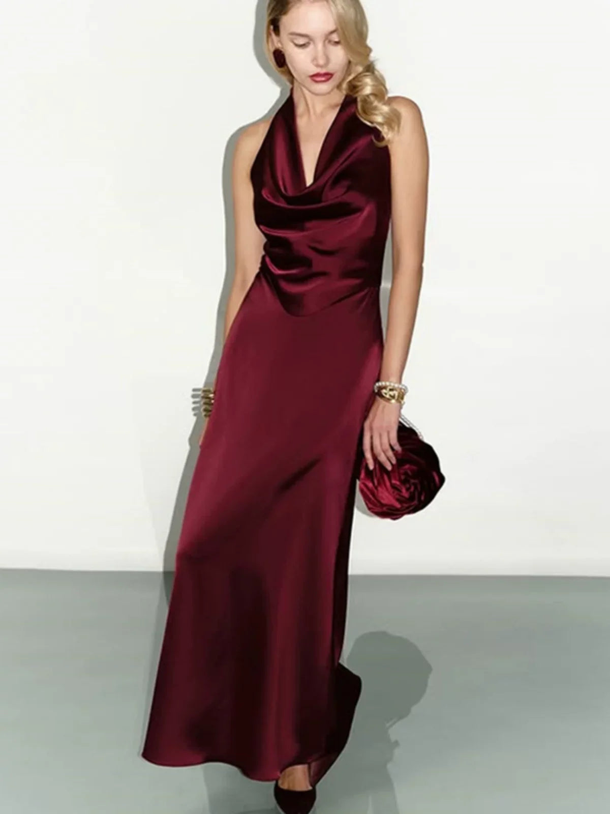 Xmsli | Low-Cut Backless Satin Maxi Dress for Women, Slim Fit Elegant Evening Wear