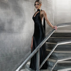 Xmsli | Sexy Deep V Halter Backless Maxi Dress with High Slit for Women