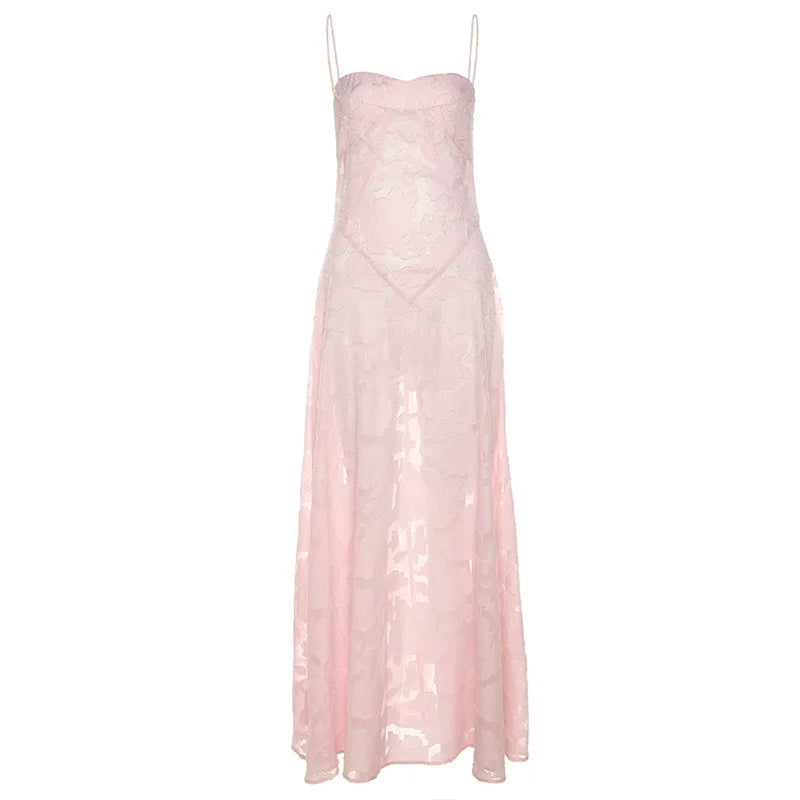 Xmsli | Jacquard See-Through Tube Top Suspender Dress for Women, Slim Fit Elegant Maxi Wear