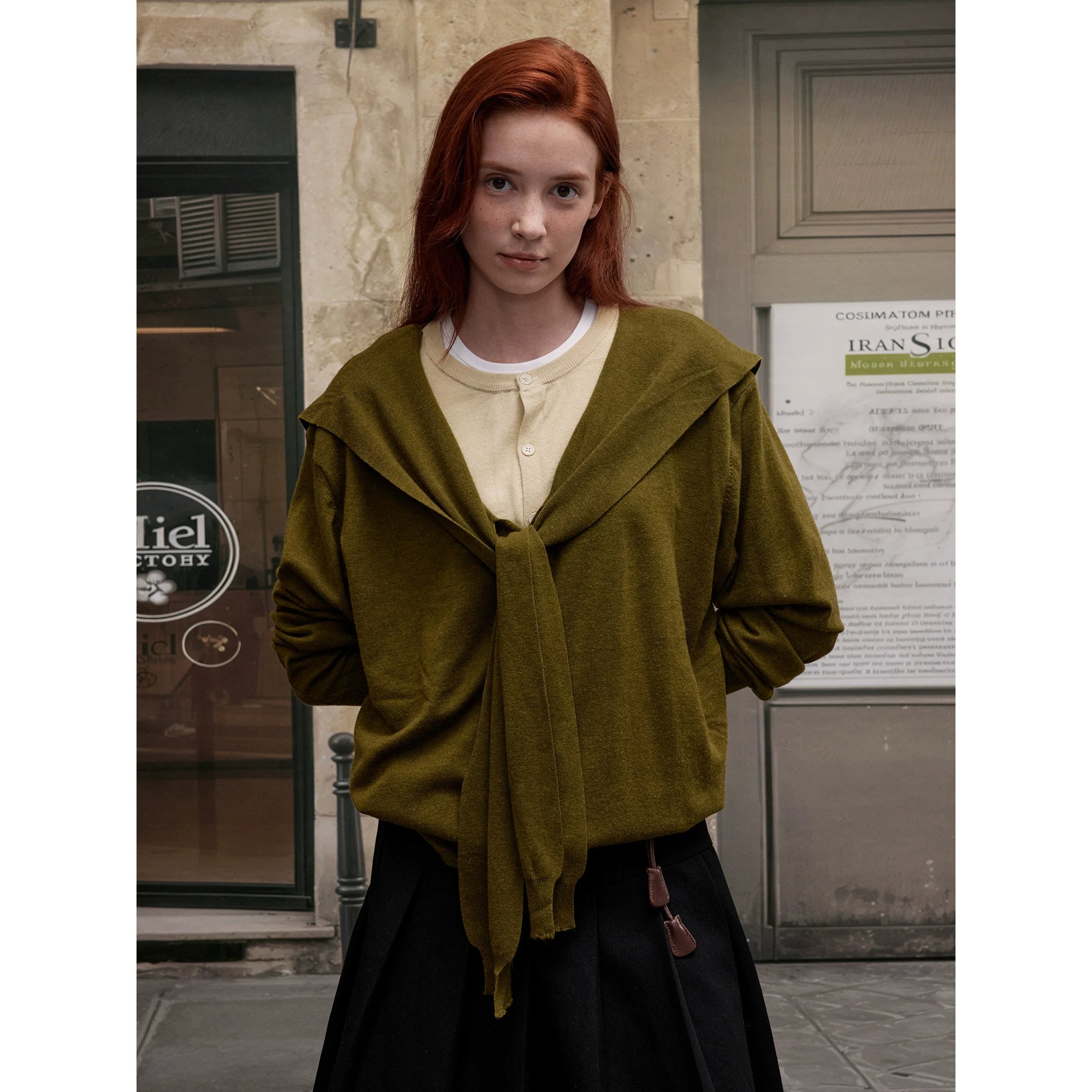 Xmsli | Navy Collar Fake Two-Piece Contrasting Wool Sweater for Women - Loose Casual Autumn & Winter Trend
