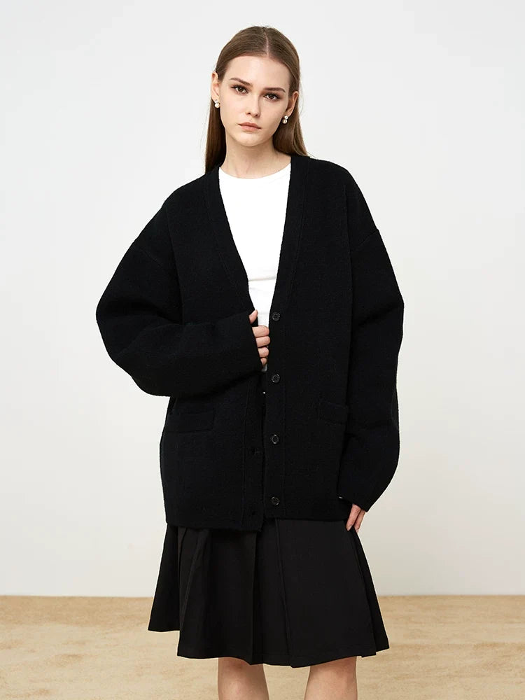Xmsli | High-End V-Neck Loose Knitted Cardigan Top for Women - Casual Lazy Style Thickened Sweater Jacket