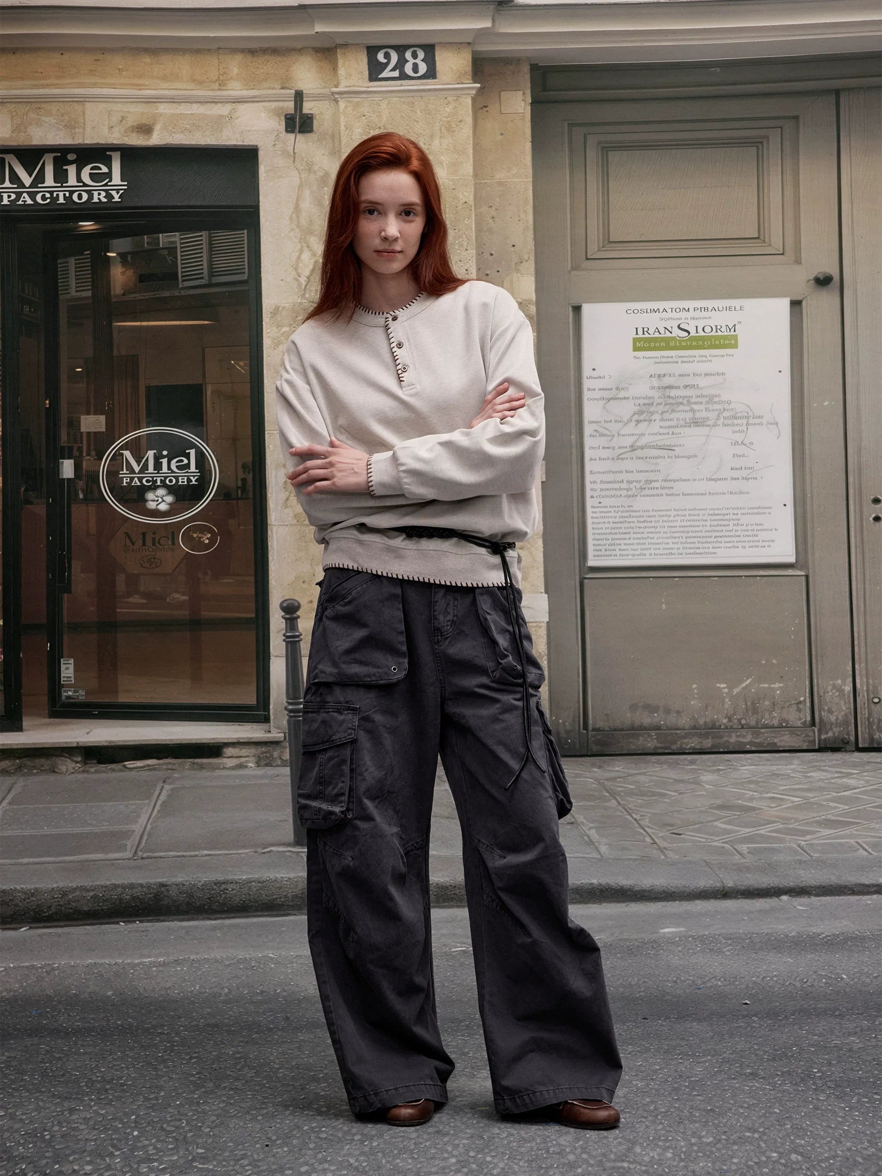 Xmsli | Vintage Hand-Stitched Henry Collar Pullover Sweatshirt for Men and Women - Loose Casual Long Sleeves