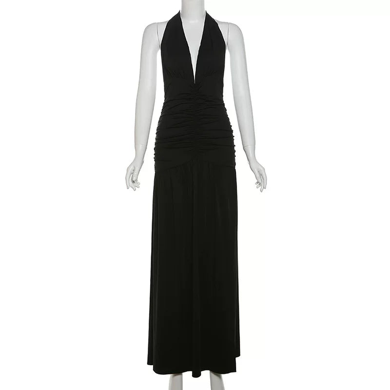 Xmsli | Halterneck V-Neck Pleated Backless Dress for Women, High-Waisted Slim Fit Sexy Maxi Gown