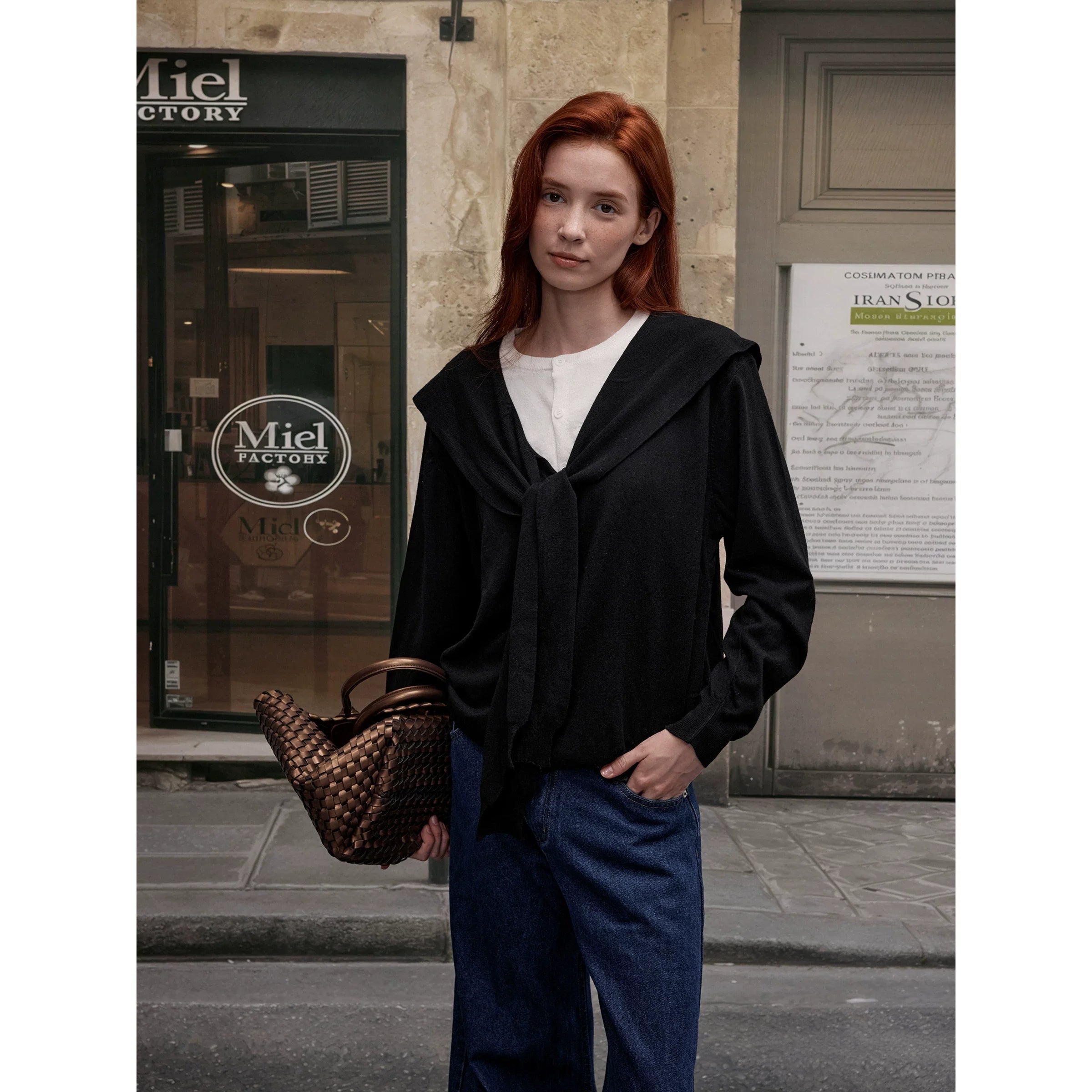 Xmsli | Navy Collar Fake Two-Piece Contrasting Wool Sweater for Women - Loose Casual Autumn & Winter Trend