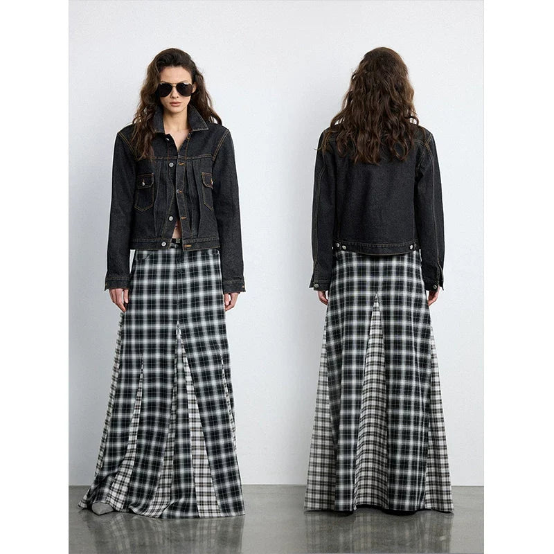 Xmsli | Retro Plaid Irregular Umbrella Skirt for Women, Vintage Style Fashionable Pleated Skirt
