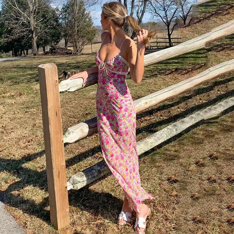 Xmsli | Floral V-Neck Lace Suspender Maxi Dress for Women, Slim Fit Elegant Summer Wear