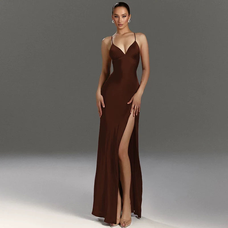 Xmsli | Deep V-Neck Suspender Dress for Women, High-Waisted Backless Slim Fit Maxi Skirt with Slit