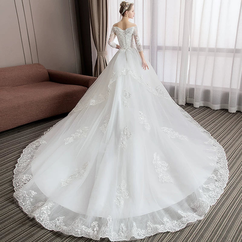 Xmsli | One-Shoulder Lace Wedding Dress with Large Train, Luxury Heavy Industrial Forest Style Bridal Gown for Pregnant Brides