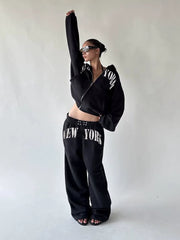 Xmsli | Letter Printed Hooded Sweatshirt & Loose Sweatpants Set for Women, Casual Hip-Hop Sports Suit