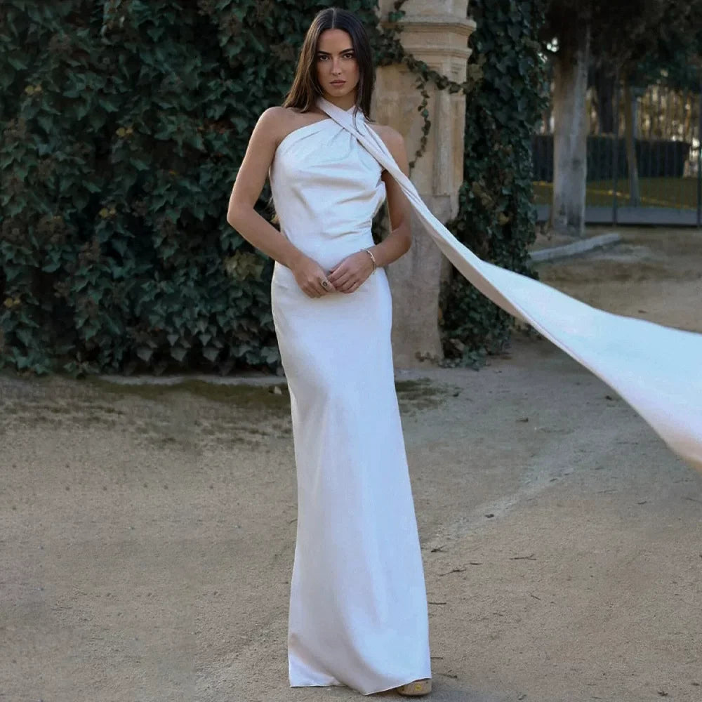 Xmsli | Satin Halter Neck Backless Dress for Women, Sexy Floor-Length Holiday Travel Gown