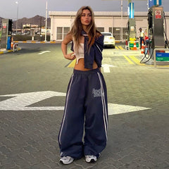 Xmsli | Parallel Bars Contrast Color Letter Print Wide Leg Pants for Women, Low-Waist Casual Street Style