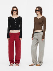 Xmsli | Sand Washed Faded Rivet Low-Rise Straight Trousers for Women, Vintage Style Casual Denim Pants