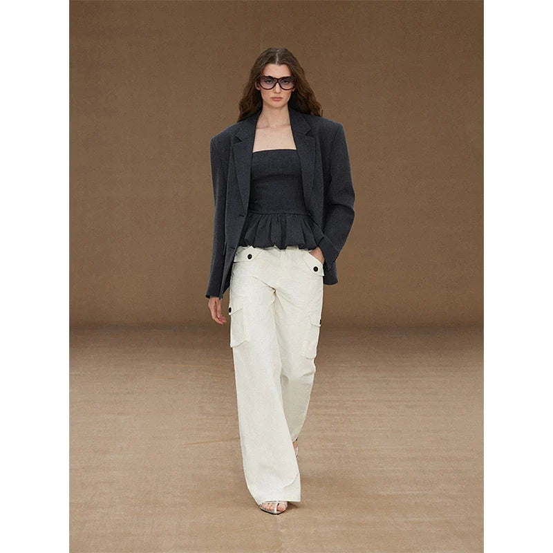 Xmsli | Low-Rise Straight Overalls with Three-Dimensional Pockets for Women, Retro Style Casual Jumpsuit