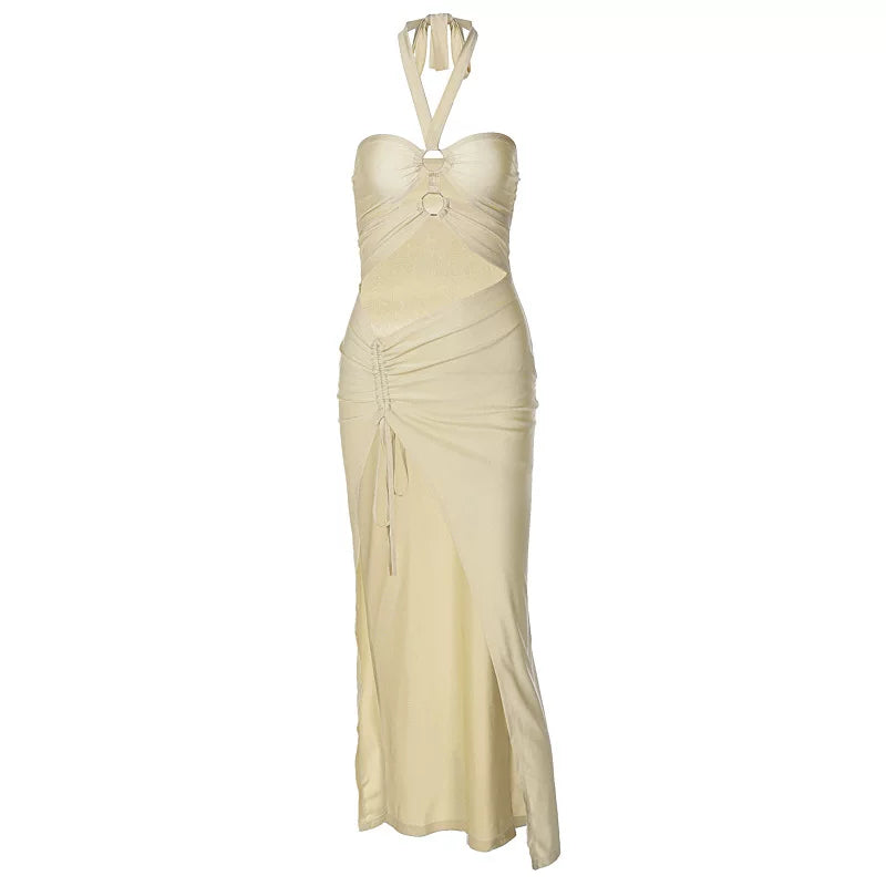 Xmsli | Sexy Halter Neck Tie Ring midi Dress for Women, Wrapped Chest Hollow Slit Bodycon Gown