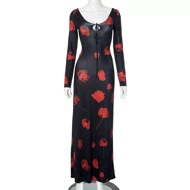 Xmsli | Retro Printed Lace-Up Long Dress for Women, Slim Fit Hip-Hugging Party Wear