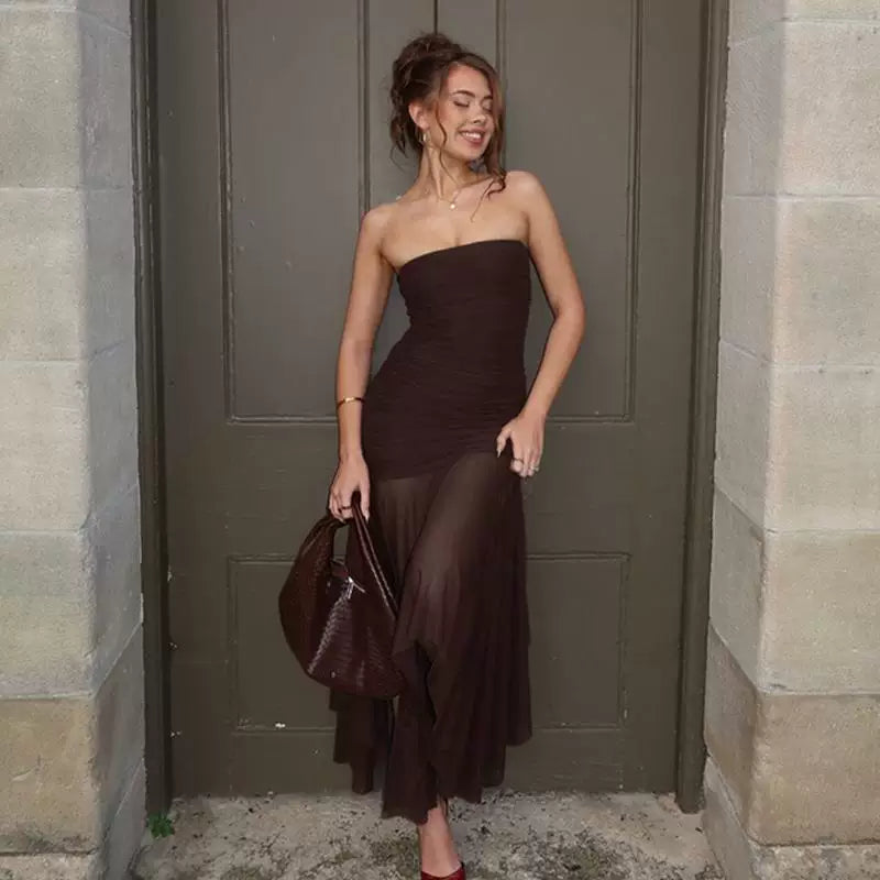 Xmsli | Resort Style Coffee Color Mesh Tube Top Dress for Women - Slimming Waist, Midi-Length Skirt