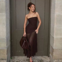 Xmsli | Resort Style Coffee Color Mesh Tube Top Dress for Women - Slimming Waist, Midi-Length Skirt