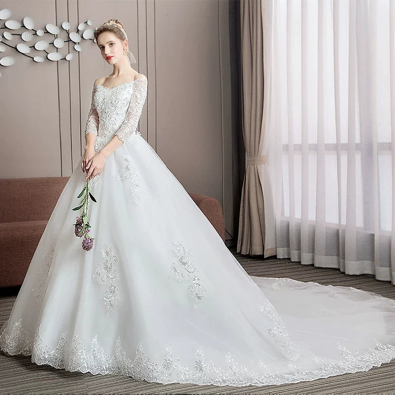Xmsli | One-Shoulder Lace Wedding Dress with Large Train, Luxury Heavy Industrial Forest Style Bridal Gown for Pregnant Brides