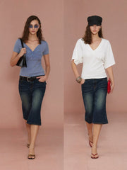 Xmsli | Vintage Washed Blue Bootcut Cropped Jeans for Women, Retro Style Casual Denim Pants
