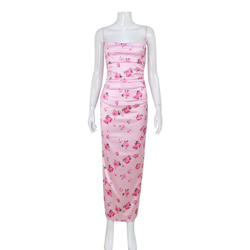 Xmsli | Printed Low-Cut Suspender Maxi Dress for Women, High-Waisted Backless Slim Fit Summer Wear
