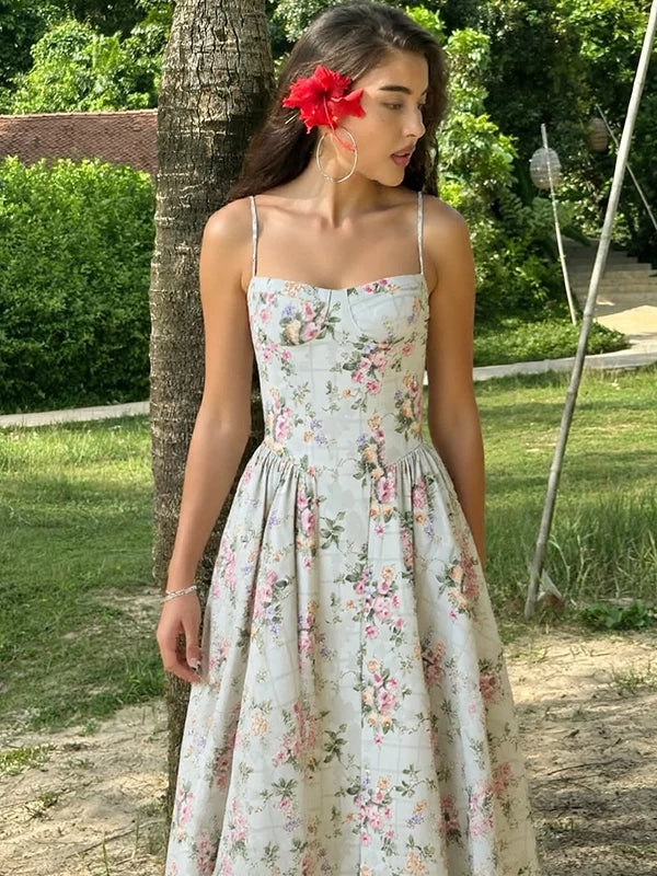 Xmsli | French Romantic Floral Suspender Mini Dress for Women - Adjustable Shoulder Straps, High Waist, Slim Fit with Fluffy Skirt