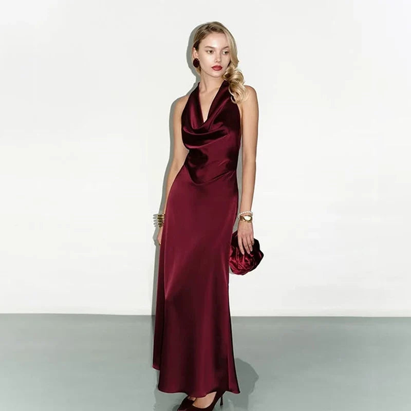 Xmsli | Low-Cut Backless Satin Maxi Dress for Women, Slim Fit Elegant Evening Wear
