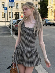 Xmsli | French Girly Plaid Square Neck Sleeveless Dress, Slimming Waist and Pleated mini Skirt for Hot Girls