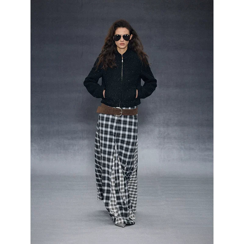 Xmsli | Retro Plaid Irregular Umbrella Skirt for Women, Vintage Style Fashionable Pleated Skirt