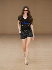 Xmsli | Jacquard Striped Lapel Shirt Suit with Shorts for Women, Retro Style Tailored Set